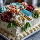 Vibrant sheet cake with buttercream roses and edible diploma, perfect for graduation celebrations.
