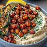 Wholesome Crispy Chickpea Bowls featuring smoky roasted chickpeas, colorful grilled peppers, and creamy hummus.  