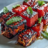 Bright summer skewers of grilled halloumi and watermelon, perfect appetizer with mint.