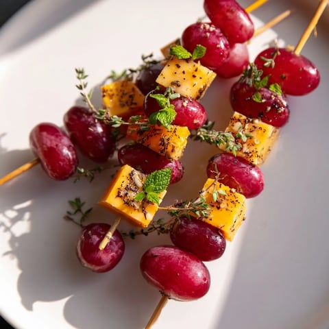Festive sparkling grape and cheese skewers, a refreshing appetizer bursting with sweet grapes and creamy cheese.
