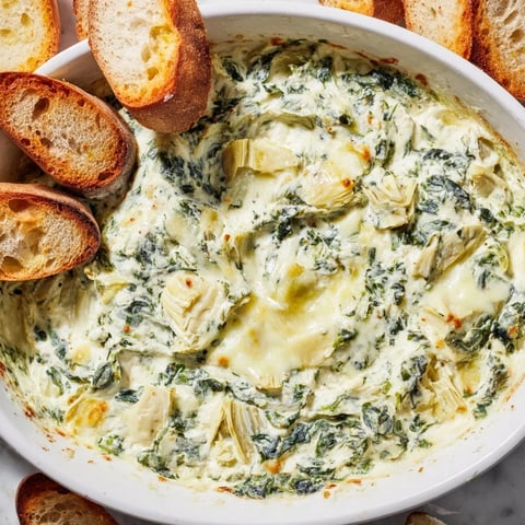 Warm, bubbly spinach artichoke dip, served with crispy, golden brown baguette slices.