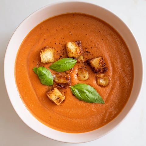 Creamy roasted garlic tomato soup, a vibrant bowl garnished with fresh basil, ready to savor.