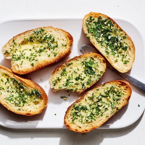Golden-brown Herb Butter Toast slices glistening with melted compound butter, flecked with fresh parsley and chives, ready to serve as a savory snack.  