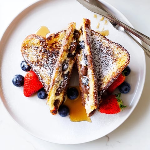 Golden-brown Nutella Brioche French Toast dusted with powdered sugar, served with fresh berries and a side of maple syrup.