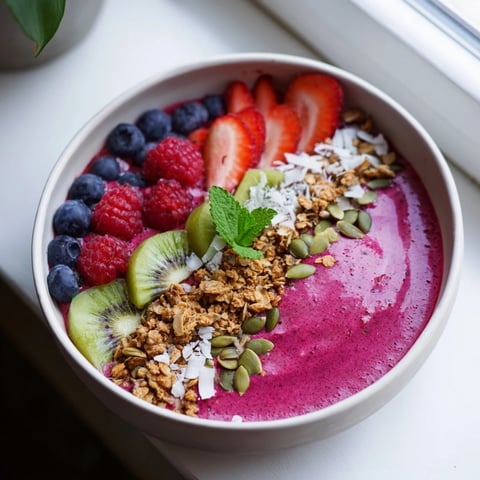 A vibrant Beet and Berry Smoothie Bowl topped with crunchy granola, fresh kiwi, and pumpkin seeds for a colorful breakfast.