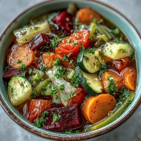 Rainbow Vegetable Detox Soup simmering in a large pot, featuring vibrant red beetroot, orange carrots, and diced green pepper in a savory broth.