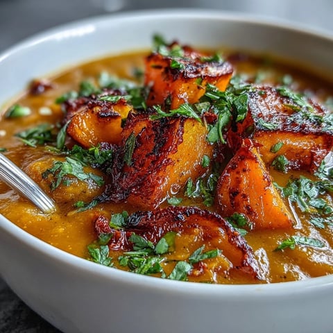 Close-up shot of golden, roasted butternut squash cubes used in a creamy lentil soup garnished with fresh cilantro.