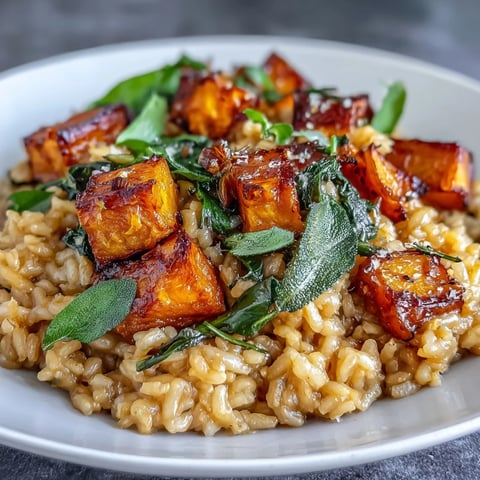 Creamy Vegan Pumpkin Risotto topped with crispy sage leaves and a sprinkle of nutritional yeast, served in a rustic white bowl.