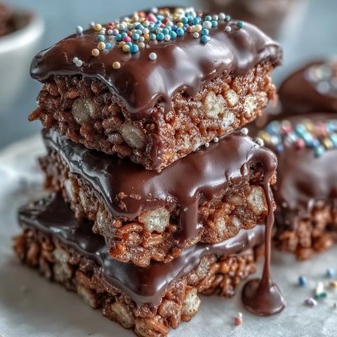 Freshly cut Chocolate Covered Rice Krispy Treats with a glossy dark chocolate topping and bright rainbow sprinkles on a rustic wood board.