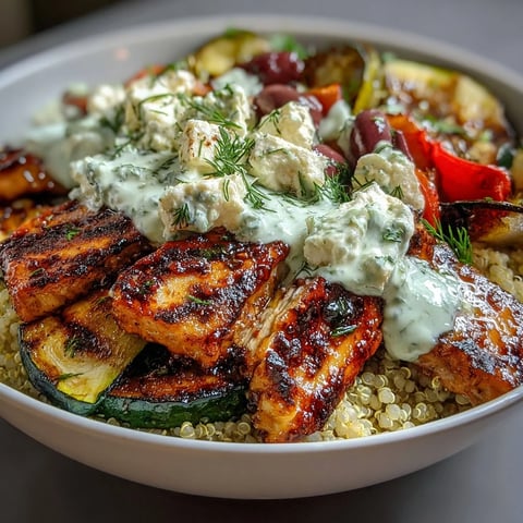 Grilled Mediterranean Bowl with charred zucchini, bell peppers, and eggplant on fluffy quinoa.