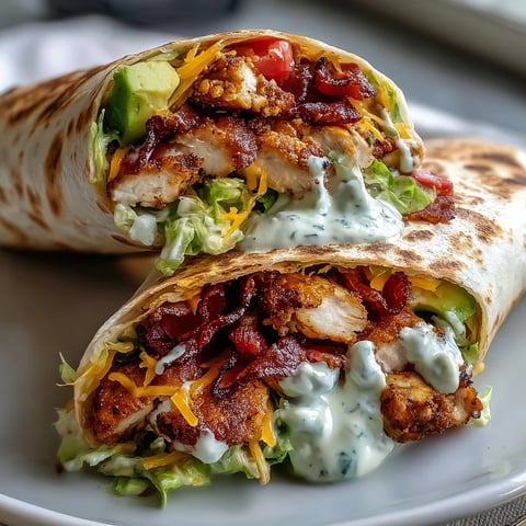 Golden-brown Crispy Chicken Bacon Wrap filled with shredded lettuce, diced tomato, and creamy avocado slices.