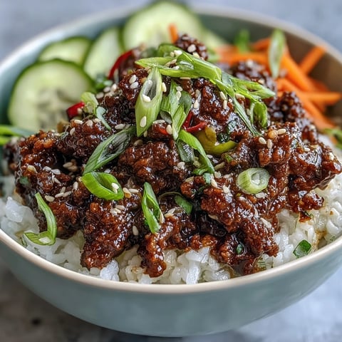 Steamed jasmine rice topped with savory Korean ground beef and vibrant pickled vegetables in a bowl.