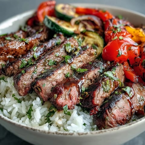 Golden-brown Sirloin steak and colorful roasted vegetables piled high on fluffy white rice for a Sheet Pan Steak and Veggie Bowl.