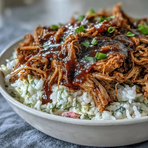 Tender, slow-cooked pulled pork bowl with fluffy rice, tangy coleslaw, and smoky BBQ sauce drizzle.