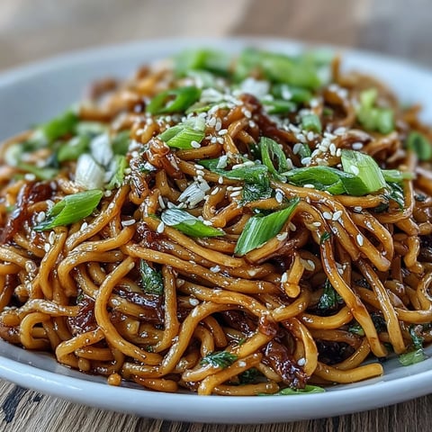 Asian Ginger Scallion Noodles with Soy Glaze: a steaming bowl of tender noodles coated in a glossy, umami-rich soy glaze, garnished with fresh scallions and sesame seeds.