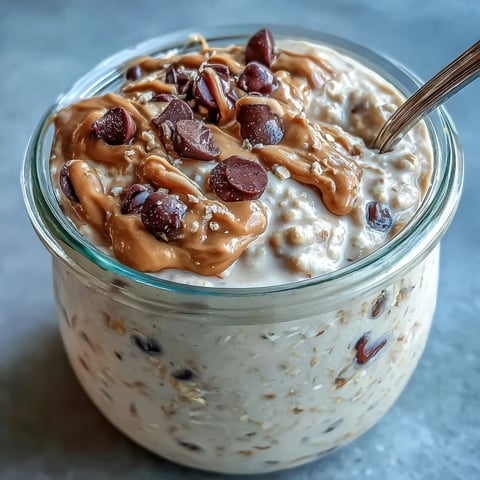 A jar of overnight oats layered with creamy peanut butter, chocolate chips, and fresh banana slices for a delicious breakfast treat.