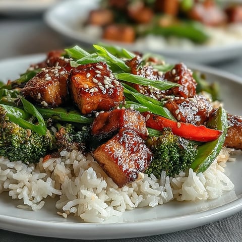 Vibrant teriyaki tofu stir-fry with crispy tofu, broccoli, and snap peas in savory homemade sauce, served over steamed jasmine rice.  