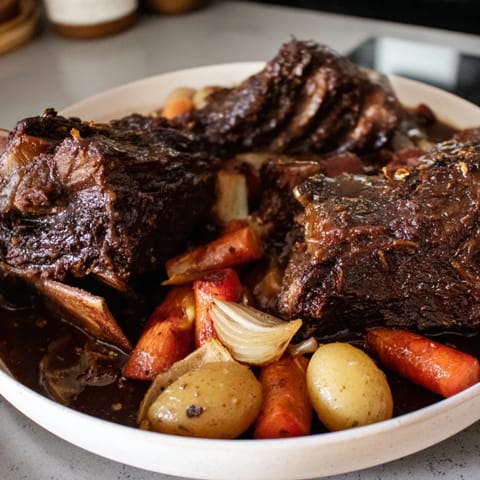 A hearty bowl of One-Pot Amber-Glowed Beer-Braised Short Ribs, with carrots and onion visible.