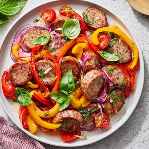 Golden-brown sausage and vibrant vegetables mingle in this delicious Basil-Boosted Sausage and Pepper Skillet Supper with fresh basil.