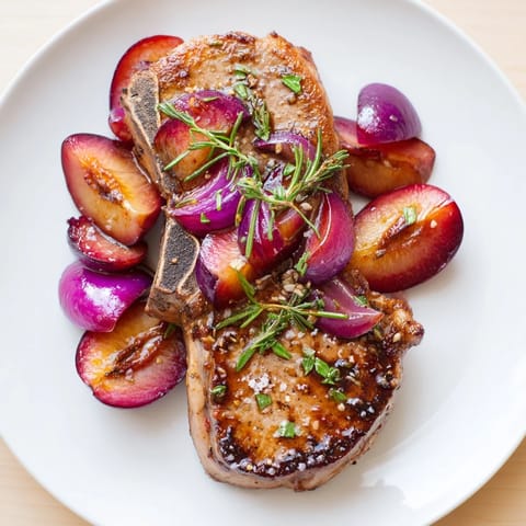 Golden-brown plum-soft pork chops, each topped with sweet plums and a rich, shiny balsamic sauce.