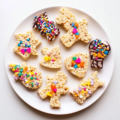 Warm, gooey Cookie Cutter Shaped Rice Krispies Treats, ready for decorating with colorful sprinkles and chocolate.
