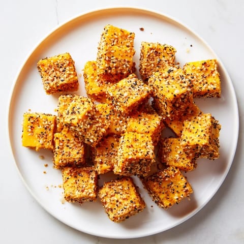 A platter overflowing with irresistible, mouthwatering everything bagel seasoning cheese cubes—ideal party snack.