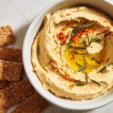 Perfect holiday appetizer featuring homemade rosemary crackers served alongside fresh hummus dip.