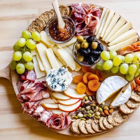 Festive Elegant Gilded Edge appetizer spread: ripe grapes, cured meats, and cheeses arranged on a decorative board.