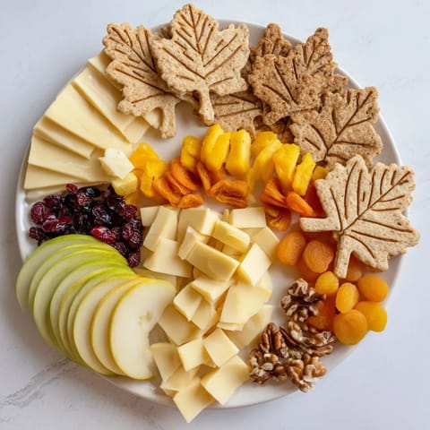 A delicious Thanksgiving Leaf Fall appetizer showcasing multicolored leaves of cheese and fruits, ready to enjoy.