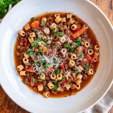 Close-up of savory Ditalini and Lentil Soup, offering a robust blend of lentils and pasta.