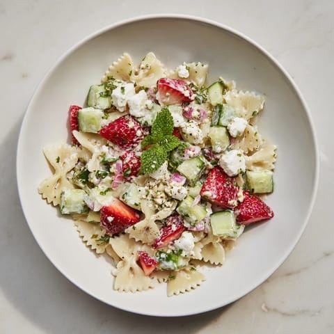 This Strawberry Feta Pasta features bright red berries, salty feta crumbles, and a creamy yogurt dressing.