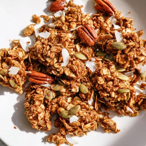 Homemade Honey Nut Granola Clusters, featuring a beautiful mix of oats and nuts, perfect for topping yogurt.