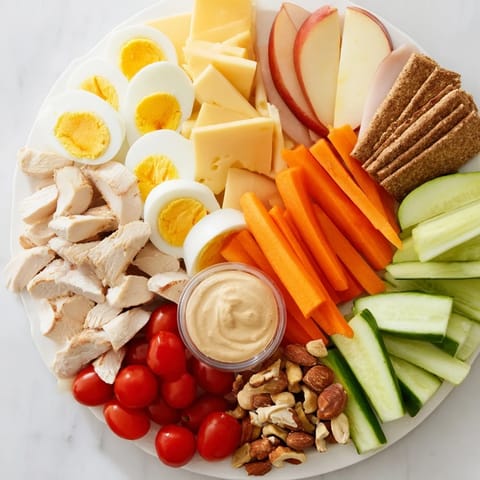A close-up of a perfectly arranged protein snack box, ready for a healthy and satisfying meal.