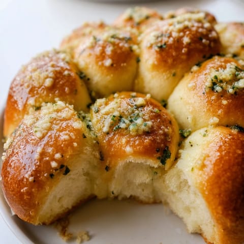 Garlic butter bread pull-apart served alongside tomato soup in a skillet for a cozy family dinner.