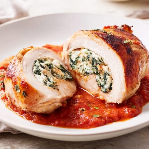 Tender stuffed chicken breasts featuring creamy spinach and ricotta filling, served over pasta with a sprinkle of fresh basil.