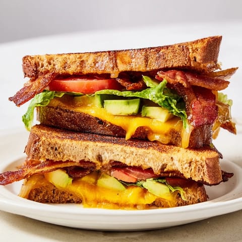 Perfectly grilled Avocado BLT Grilled Cheese served on a plate, showcasing creamy avocado layers and toasted bread for a comforting, gourmet lunch.  