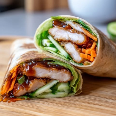 Juicy pan-seared chicken coated in sticky sweet-spicy honey chili crisp sauce in a fresh crunchy wrap.