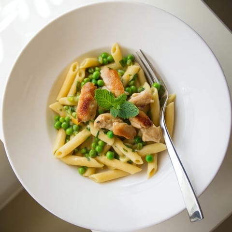 Al dente fusilli pasta tossed with savory chicken, sweet peas, and fresh mint leaves in a creamy Parmesan lemon sauce.