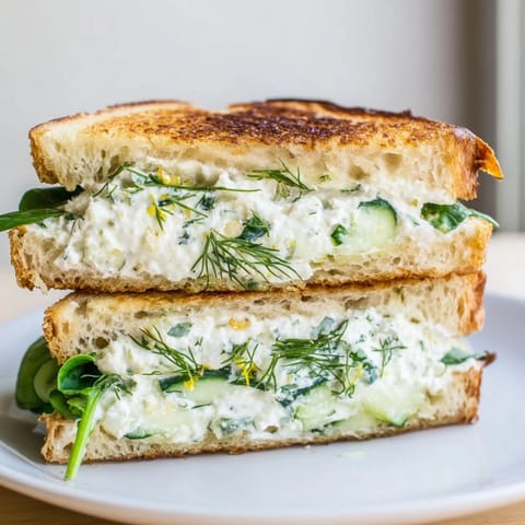 Slices of crispy golden grilled cheese filled with tangy whipped feta and cream cheese, layered with fresh dill and lemon zest.