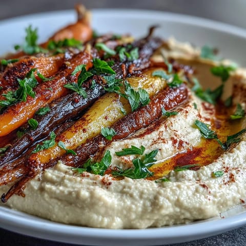 Oven-roasted rainbow carrots with creamy tahini hummus, a vibrant appetizer.