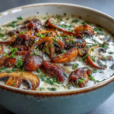 A warm bowl of Creamy Mushroom Stroganoff Soup topped with fresh parsley and a dollop of sour cream.