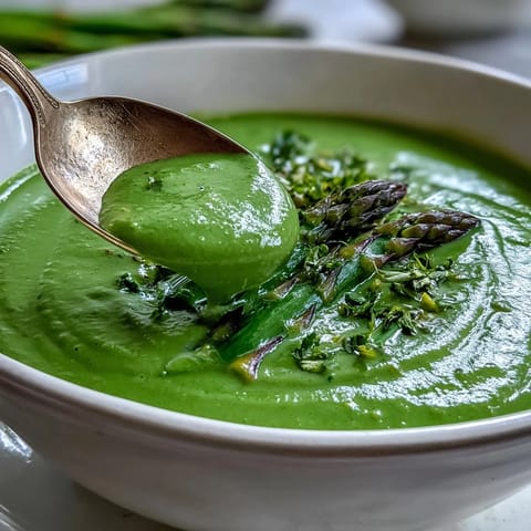 A vibrant bowl of Big Green Immunity-Boosting Vegetable Soup, featuring a creamy, bright green blend of spinach, broccoli, and asparagus.  