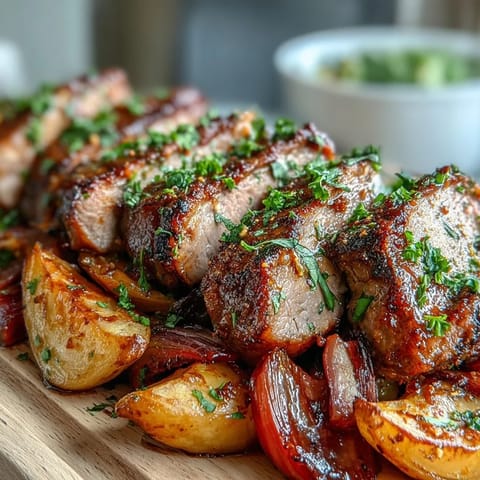 Freshly baked Pork and Aromatic Rhubarb Traybake steams on a baking sheet, showcasing tender meat and vibrant red onions.