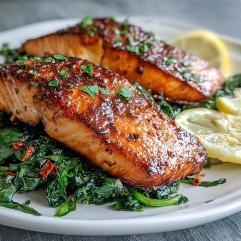 A close-up view of tender Air Fryer Salmon being flaked with a fork, served alongside garlicky Swiss chard.