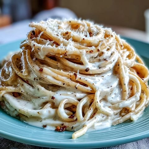 Cacio e Pepe served hot in a skillet, featuring al dente spaghetti tossed with sharp cheese.