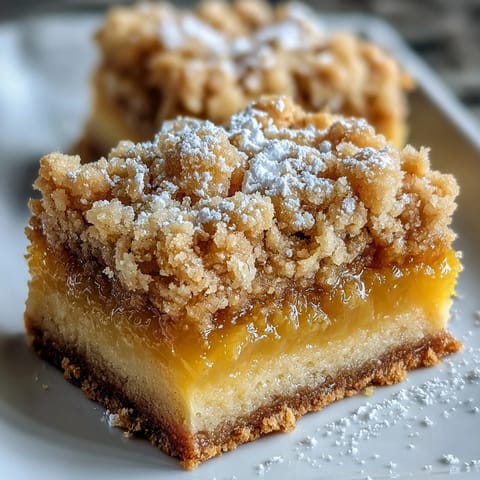 Golden-baked Homemade Lemon Crumb Bars, cut into squares and lightly dusted with powdered sugar.