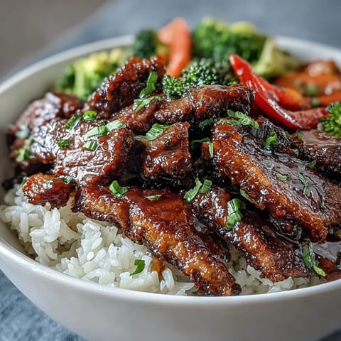 Tender beef slices and sautéed vegetables rest atop steamed rice in a savory Teriyaki Beef Bowl.