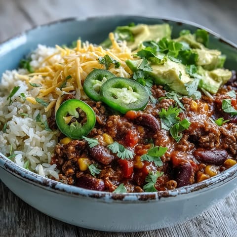 Hearty Chili Bowl Base with ground beef, beans, and corn piled high over fluffy white rice and topped with sour cream.