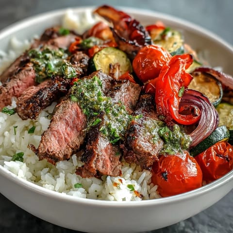 A vibrant Grilled Steak Bowl with charred steak slices over fluffy rice and colorful roasted vegetables, topped with green chimichurri sauce.