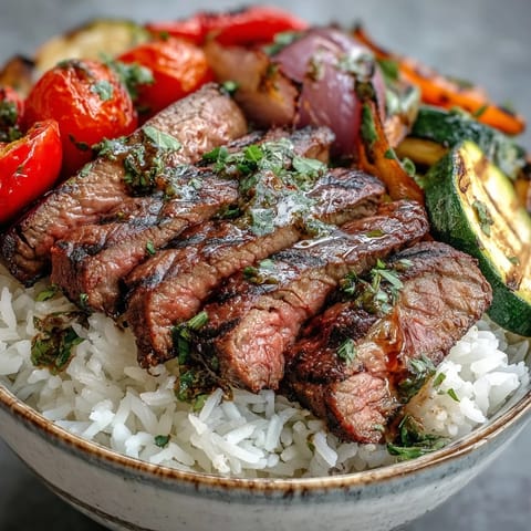A freshly cooked Sheet Pan Steak and Veggie Bowl garnished with bright herbs, ready for a weeknight family dinner.